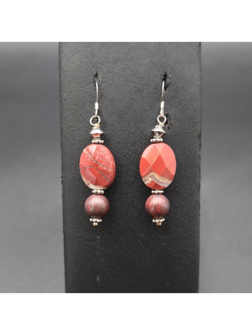 Sterling Silver Red Jasper Oval Stone Dangle Earrings A7716